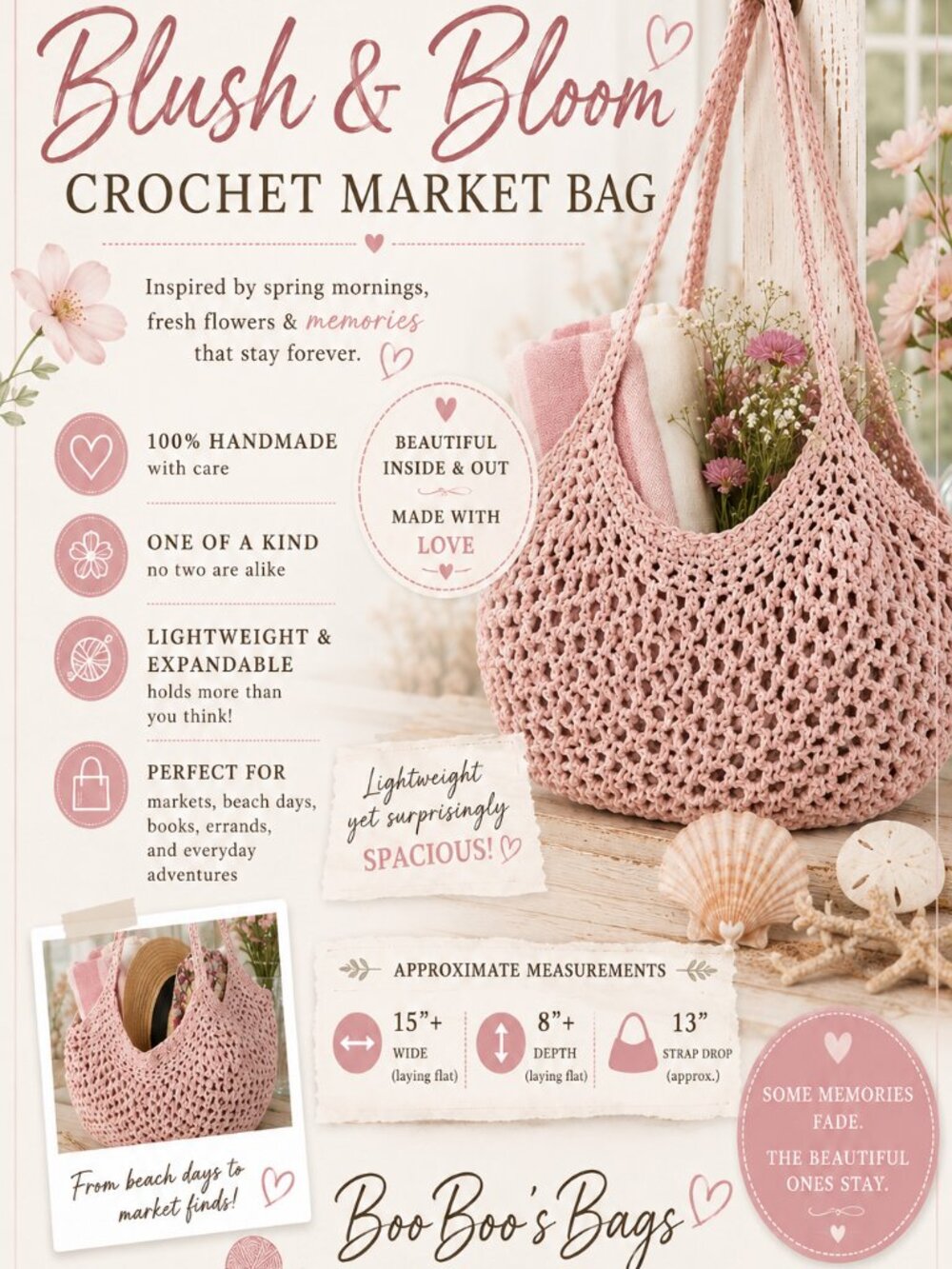 Handmade Blush Pink Crochet Market Bag | Expandable Beach Tote